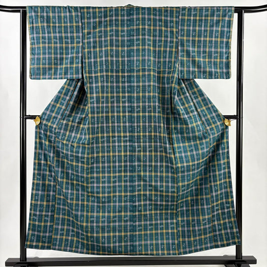 【美品】 紬織 身長155cm 袖長62cm S 雙層 琉球紬織 證書齊全 格子 燕 青綠 純蠶絲 逸品級