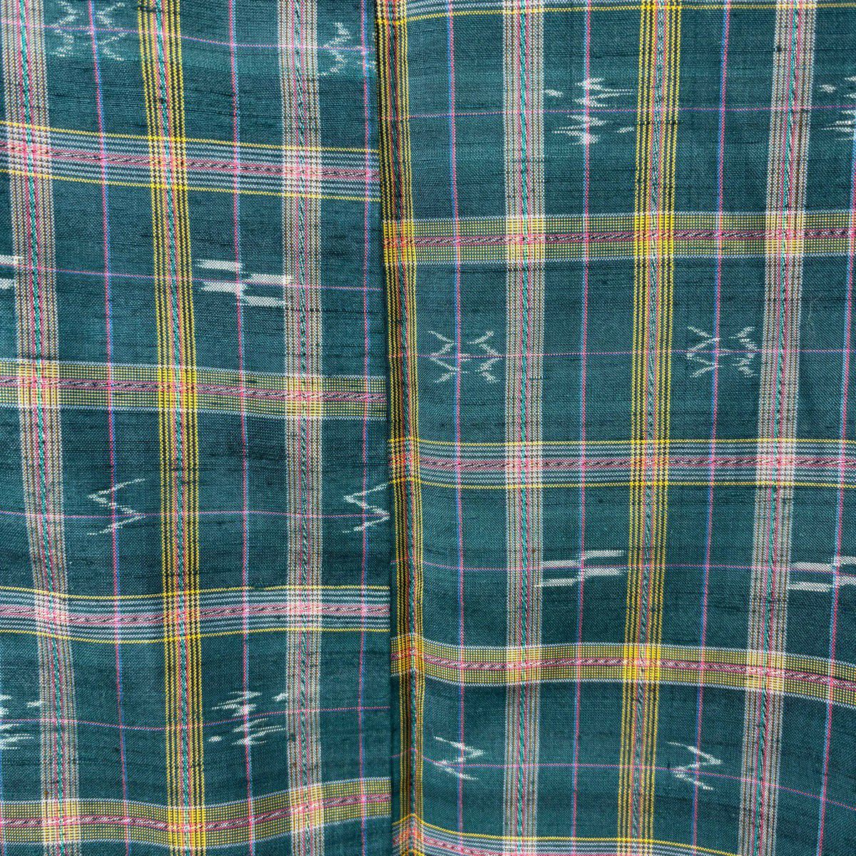 【美品】 紬織 身長155cm 袖長62cm S 雙層 琉球紬織 證書齊全 格子 燕 青綠 純蠶絲 逸品級