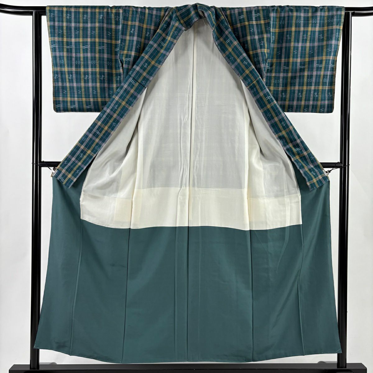 【美品】 紬織 身長155cm 袖長62cm S 雙層 琉球紬織 證書齊全 格子 燕 青綠 純蠶絲 逸品級