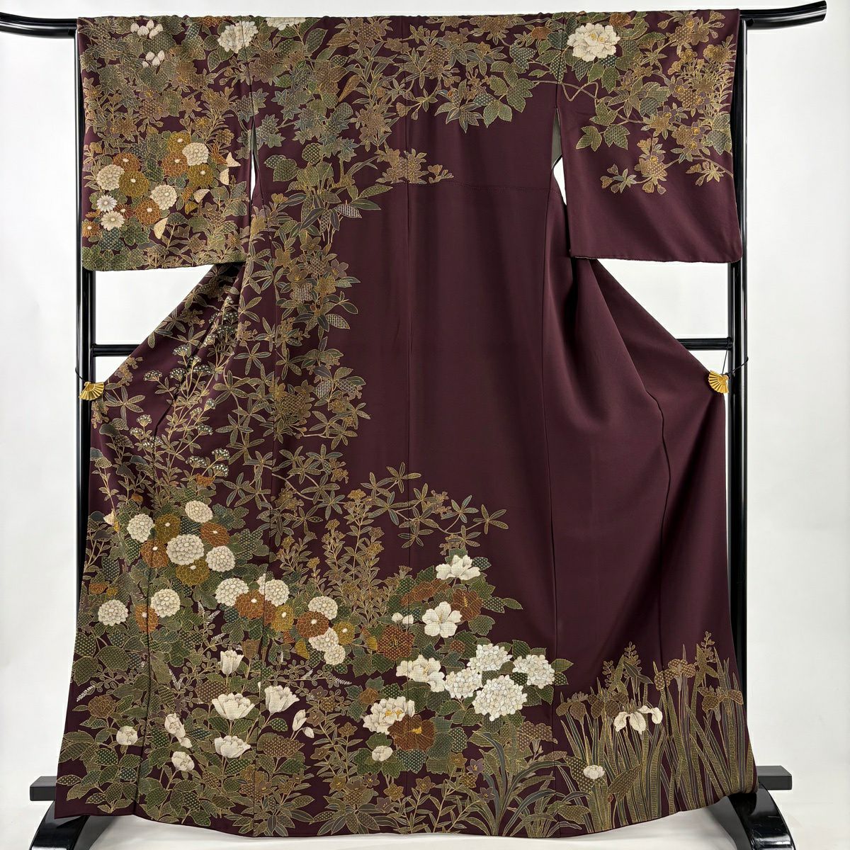 訪問服 身長167.5cm 袖長67.5cm L 雙層 大和 菊花 草花紋 金糸 刺繡 紫 純蠶絲 逸品級