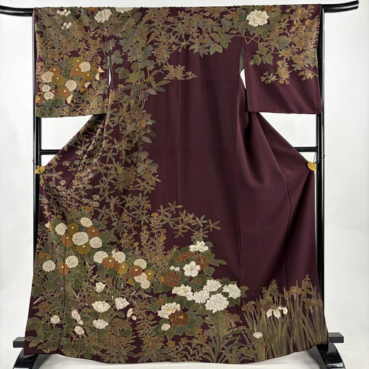 訪問服 身長167.5cm 袖長67.5cm L 雙層 大和 菊花 草花紋 金糸 刺繡 紫 純蠶絲 逸品級