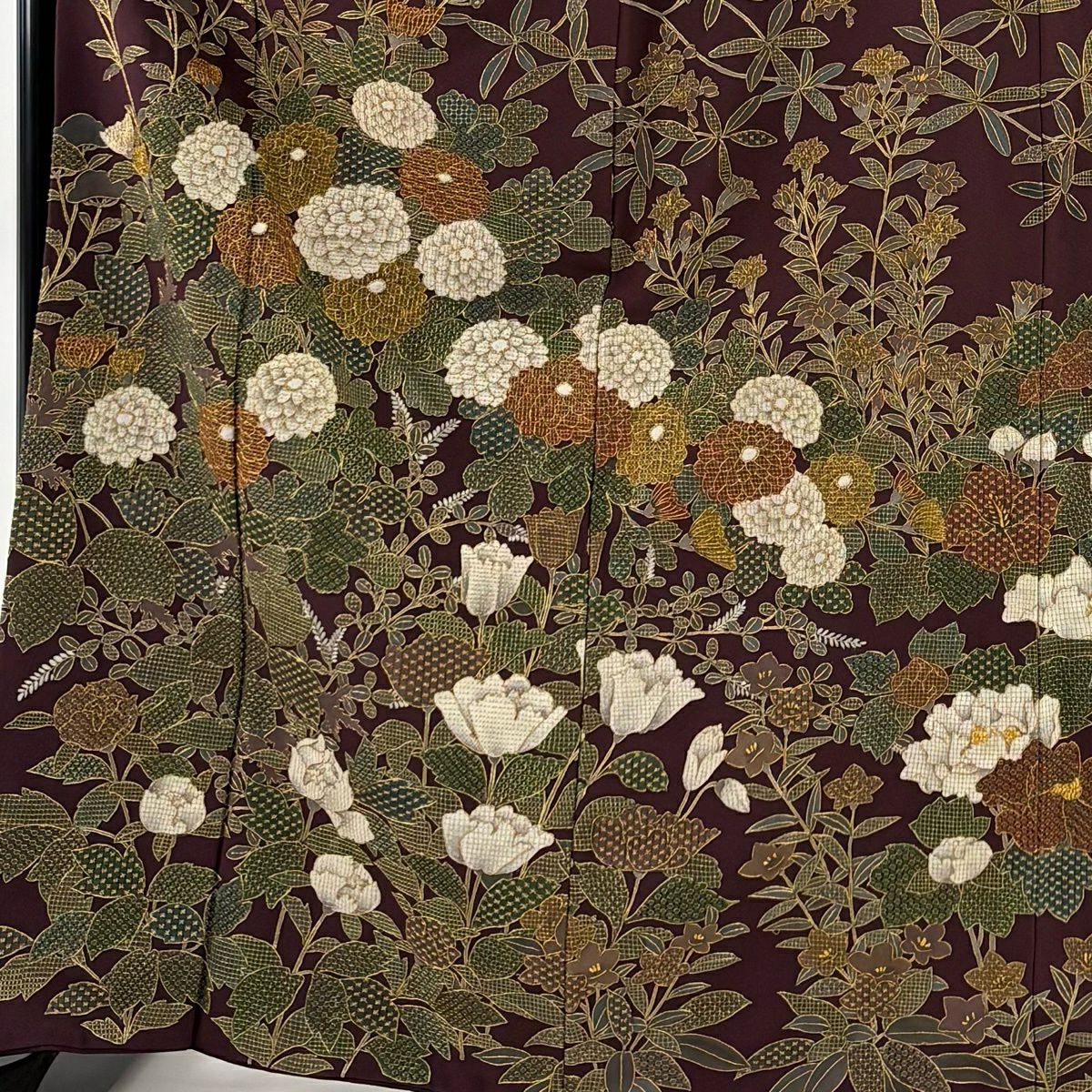 訪問服 身長167.5cm 袖長67.5cm L 雙層 大和 菊花 草花紋 金糸 刺繡 紫 純蠶絲 逸品級