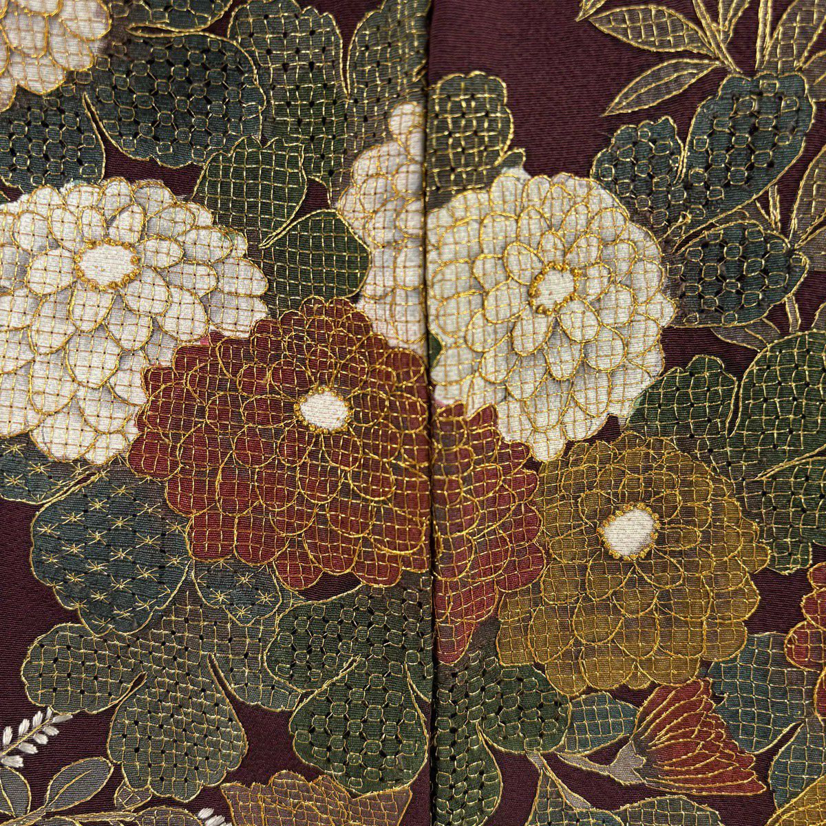 訪問服 身長167.5cm 袖長67.5cm L 雙層 大和 菊花 草花紋 金糸 刺繡 紫 純蠶絲 逸品級
