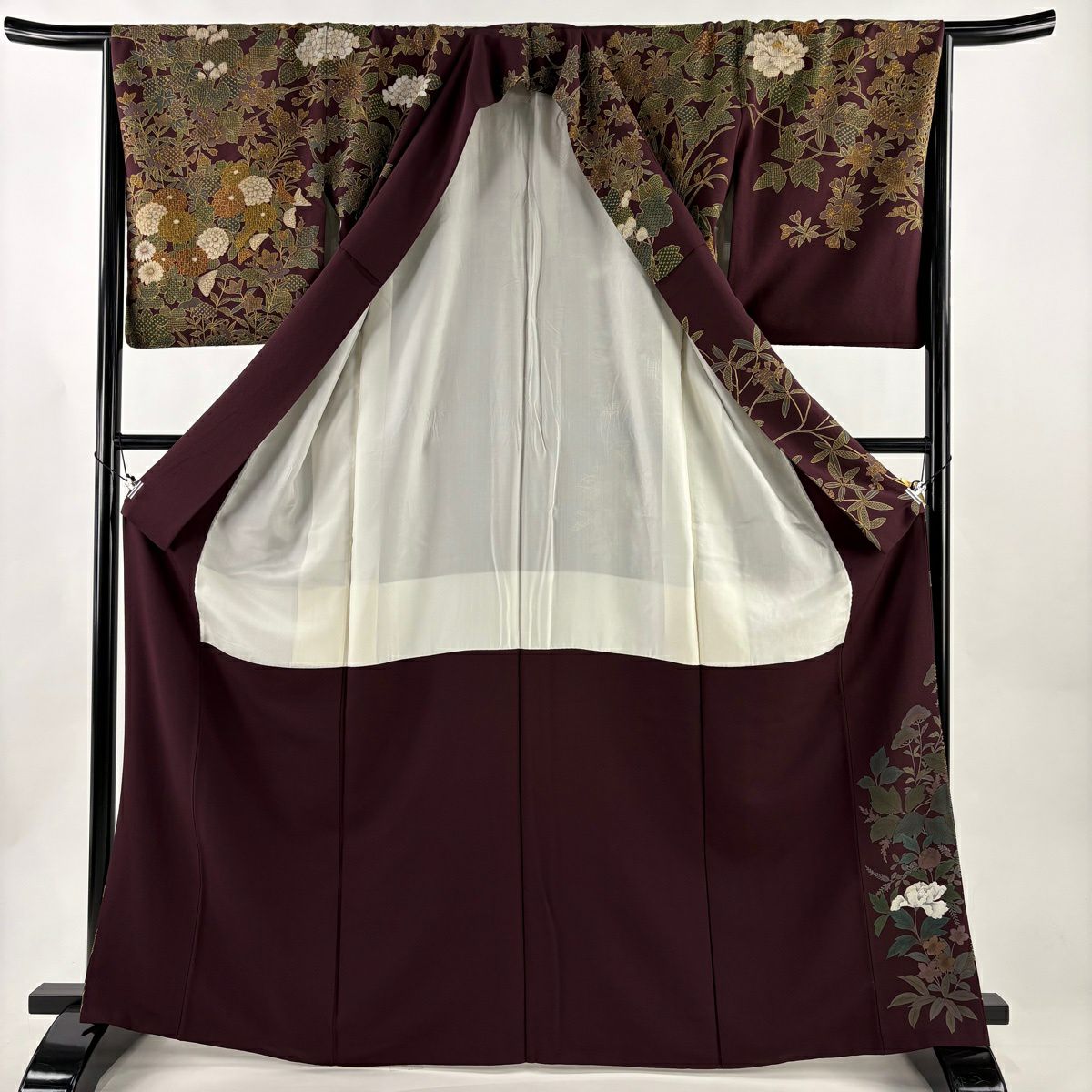 訪問服 身長167.5cm 袖長67.5cm L 雙層 大和 菊花 草花紋 金糸 刺繡 紫 純蠶絲 逸品級