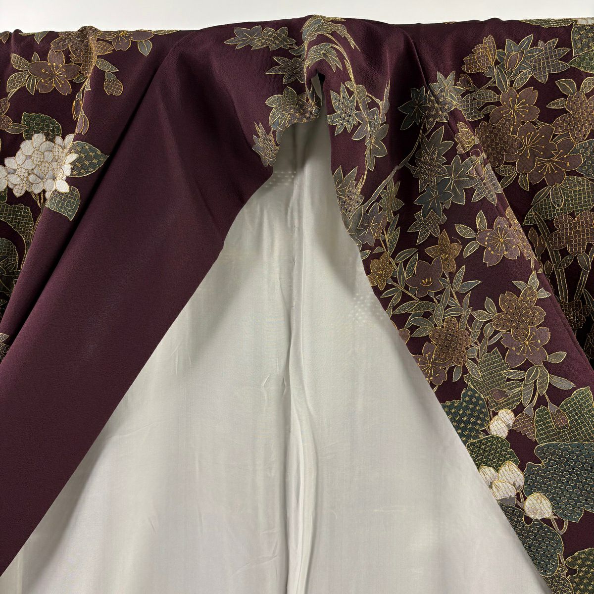 訪問服 身長167.5cm 袖長67.5cm L 雙層 大和 菊花 草花紋 金糸 刺繡 紫 純蠶絲 逸品級