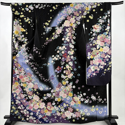 振袖禮服 身長167cm 袖長68.5cm L 雙層 手鞠 草花紋 金通 金銀彩 黑 純蠶絲 逸品級