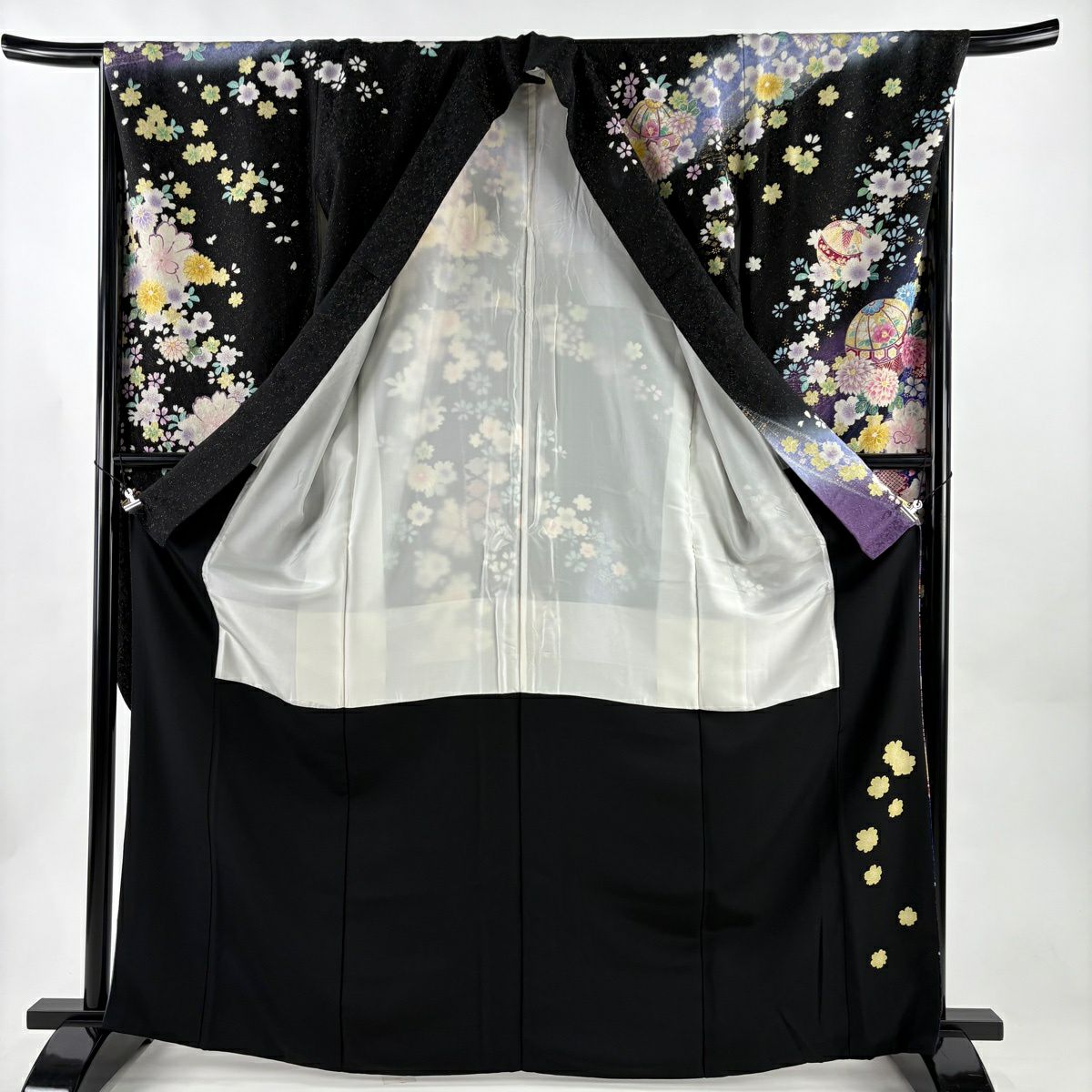 振袖禮服 身長167cm 袖長68.5cm L 雙層 手鞠 草花紋 金通 金銀彩 黑 純蠶絲 逸品級