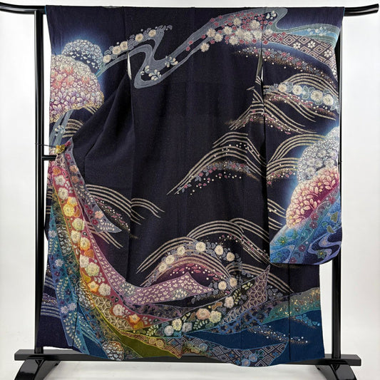 【美品】振袖禮服 身長158cm 袖長65cm M 雙層 吉乃一廉 落款あり 辻花染 金通し 金銀彩 濃紫 純蠶絲 逸品級