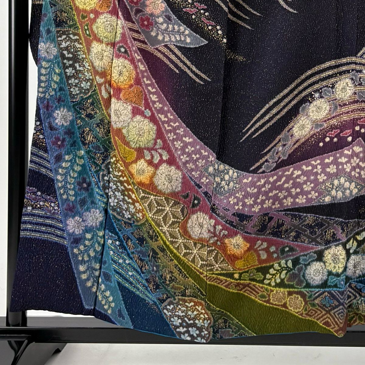 【美品】振袖禮服 身長158cm 袖長65cm M 雙層 吉乃一廉 落款あり 辻花染 金通し 金銀彩 濃紫 純蠶絲 逸品級