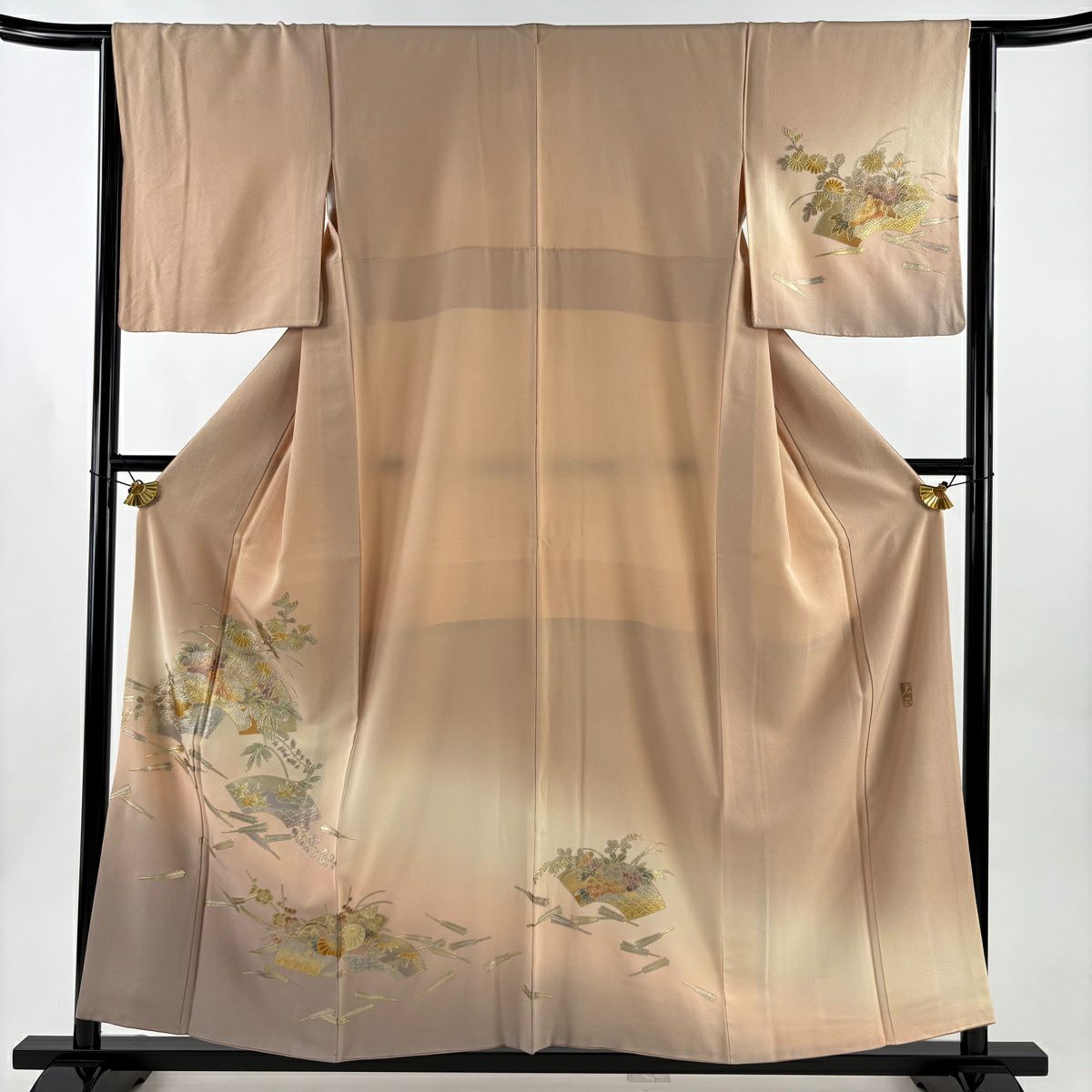 付下 身長157cm 袖長64.5cm M 雙層 和田光正 落款有 扇子面 草花紋 金銀彩 漸層 淺橙色 純蠶絲 逸品級