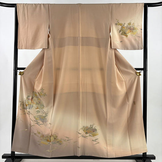 付下 身長157cm 袖長64.5cm M 雙層 和田光正 落款有 扇子面 草花紋 金銀彩 漸層 淺橙色 純蠶絲 逸品級