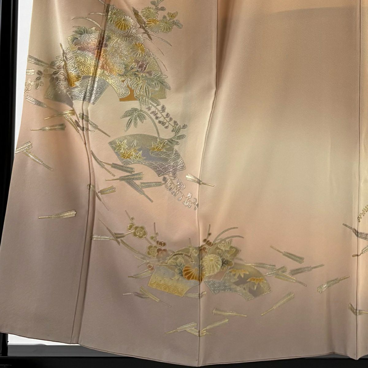付下 身長157cm 袖長64.5cm M 雙層 和田光正 落款有 扇子面 草花紋 金銀彩 漸層 淺橙色 純蠶絲 逸品級