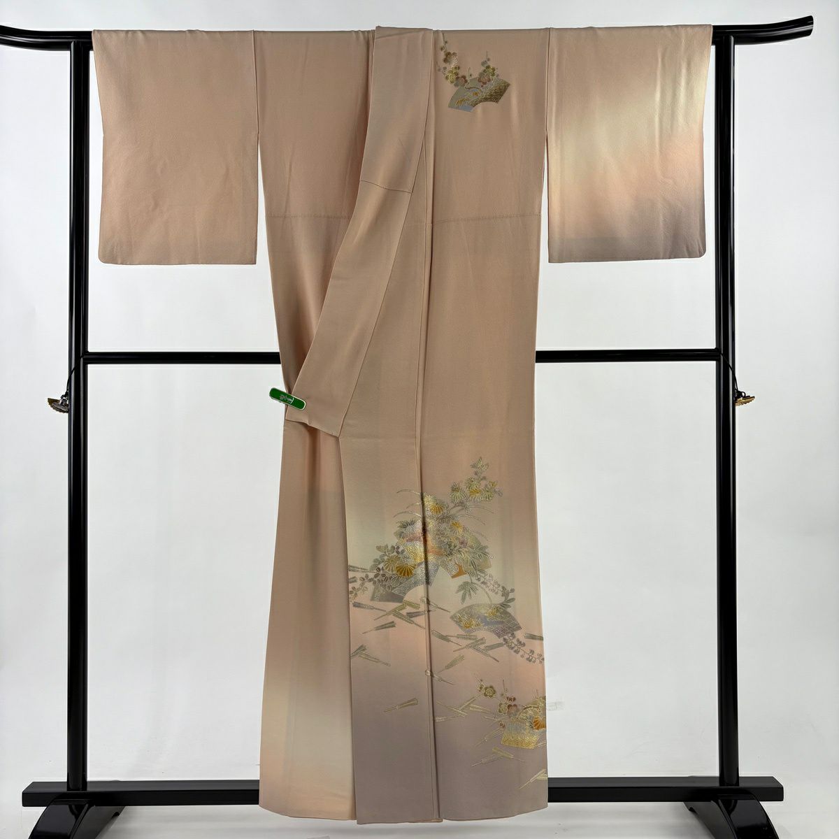 付下 身長157cm 袖長64.5cm M 雙層 和田光正 落款有 扇子面 草花紋 金銀彩 漸層 淺橙色 純蠶絲 逸品級