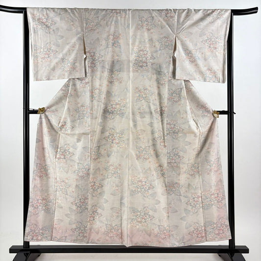 【美品】 大島紬織 身長156cm 袖長65.5cm M 雙層 名匠たかし 證書附帶 草花紋紋 灰白 純蠶絲 逸品級
