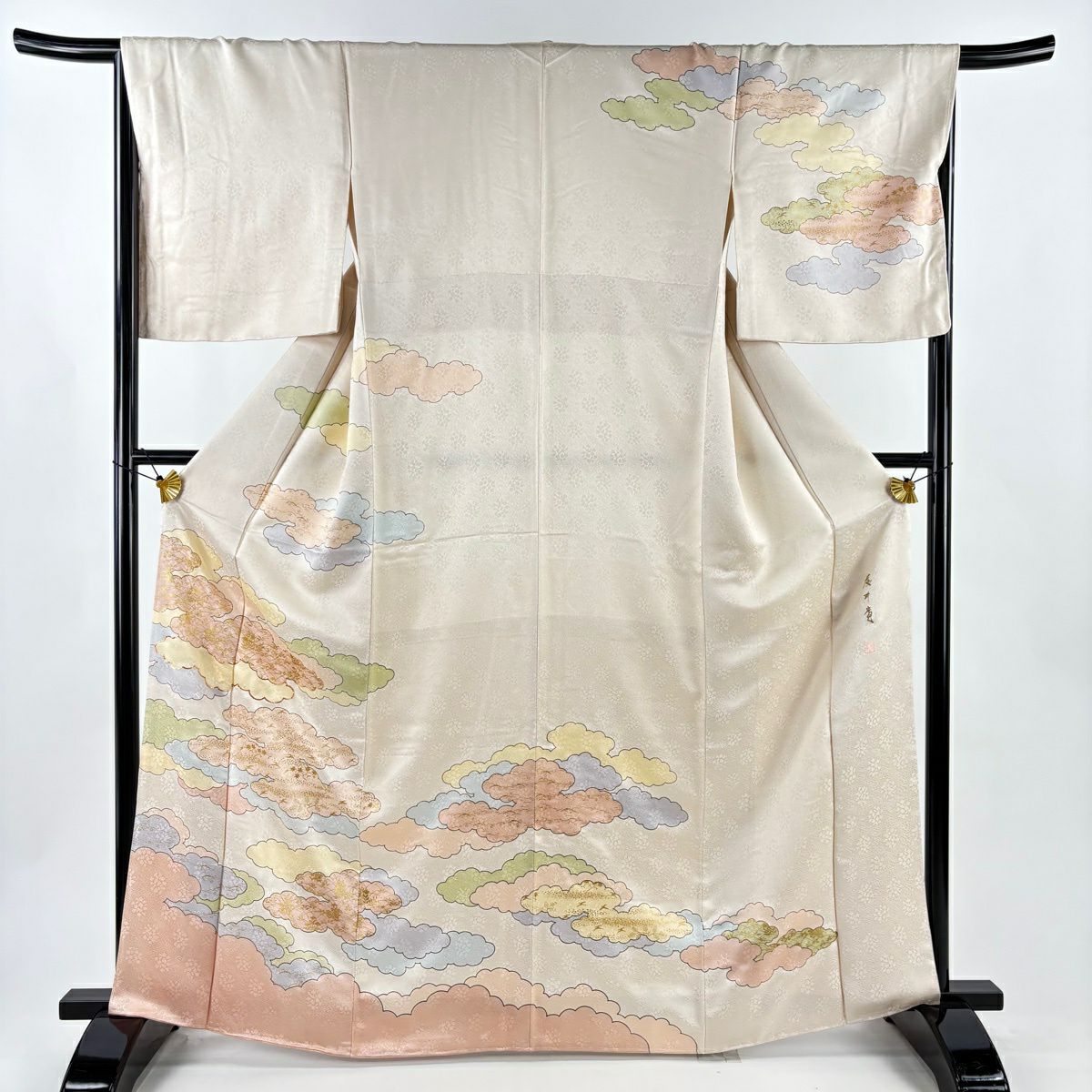 訪問服 身長164.5cm 袖長68cm L 雙層 藤井寛 落款あり 雲文 地紋 金絲 金銀彩 淺橙色 純蠶絲 逸品級