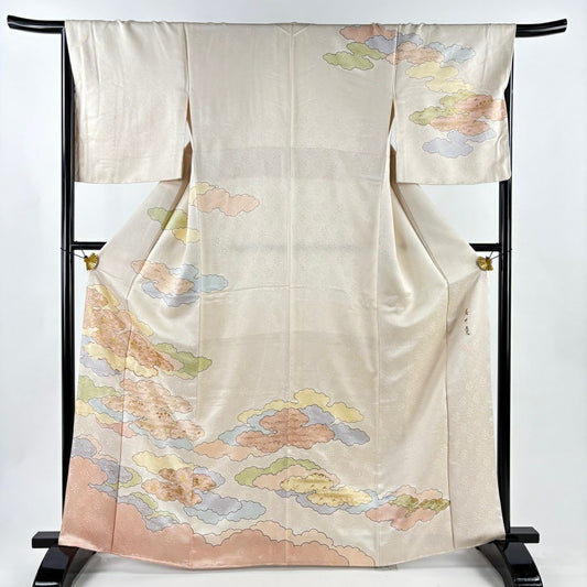 訪問服 身長164.5cm 袖長68cm L 雙層 藤井寛 落款あり 雲文 地紋 金絲 金銀彩 淺橙色 純蠶絲 逸品級