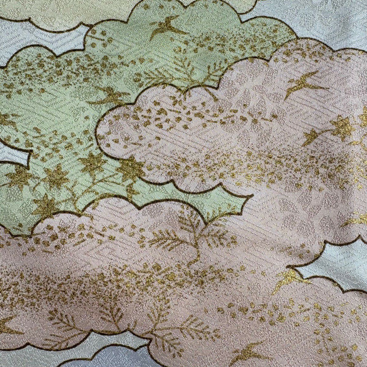 訪問服 身長164.5cm 袖長68cm L 雙層 藤井寛 落款あり 雲文 地紋 金絲 金銀彩 淺橙色 純蠶絲 逸品級