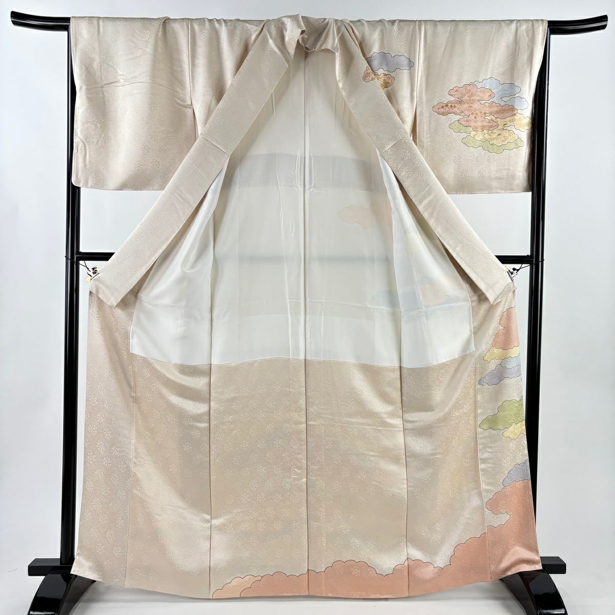 訪問服 身長164.5cm 袖長68cm L 雙層 藤井寛 落款あり 雲文 地紋 金絲 金銀彩 淺橙色 純蠶絲 逸品級