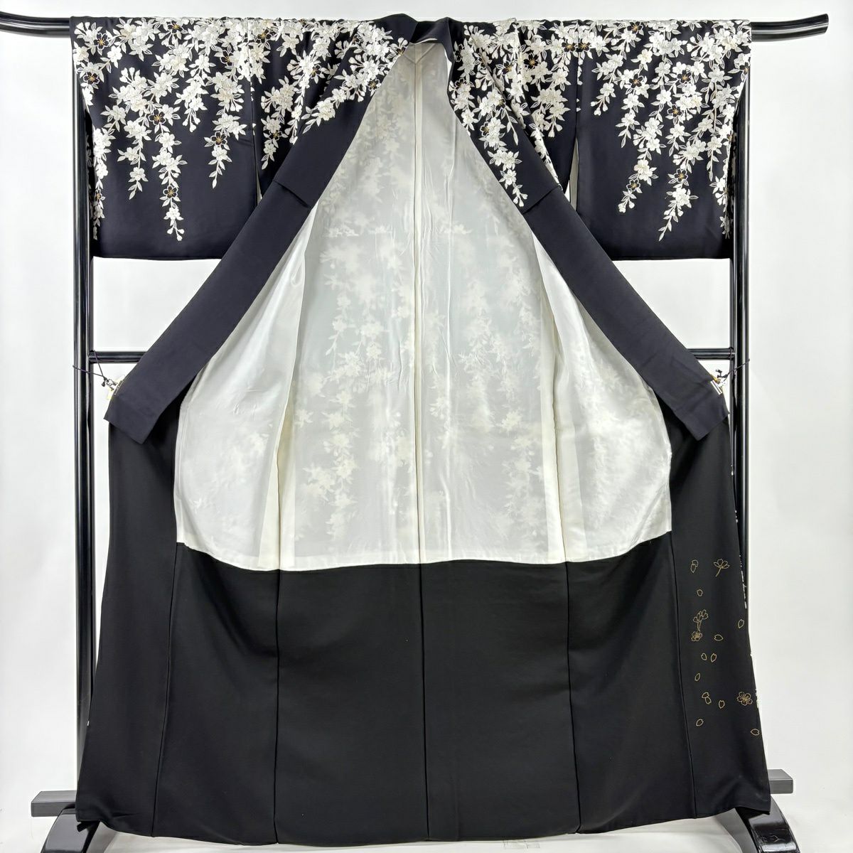 訪問服 身長168.5cm 袖長68.5cm L 雙層 櫻花 刺繡 金線 黑 純蠶絲 逸品級