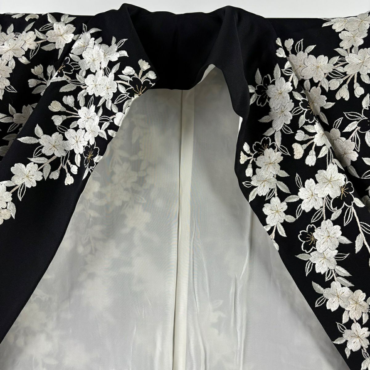 訪問服 身長168.5cm 袖長68.5cm L 雙層 櫻花 刺繡 金線 黑 純蠶絲 逸品級