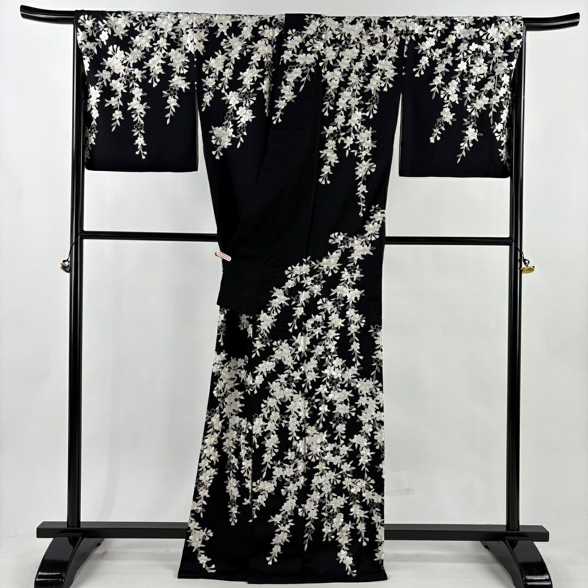 訪問服 身長168.5cm 袖長68.5cm L 雙層 櫻花 刺繡 金線 黑 純蠶絲 逸品級