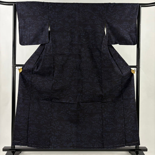 結城織 身長161cm 袖長64cm M 雙層 本場結城織 證書齊全 家屋 草花紋紋 深藍 純蠶絲 逸品級