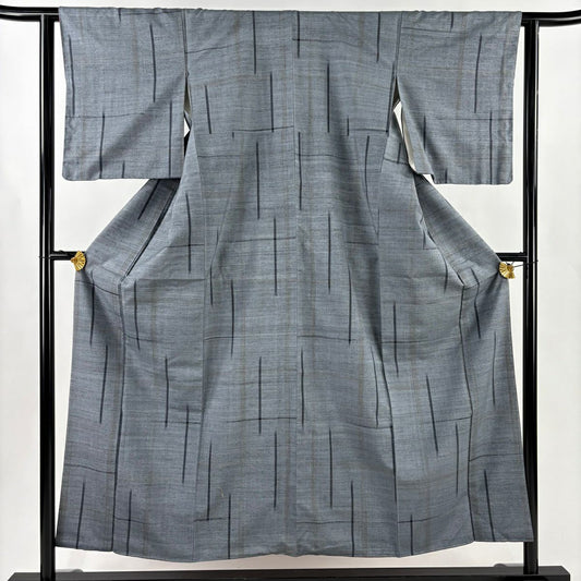 【美品】 紬織 身長154cm 袖長63cm S 雙層 鈕襟 草木染別誂郡上紬織 幾何學圖案 青灰色 純蠶絲 逸品級