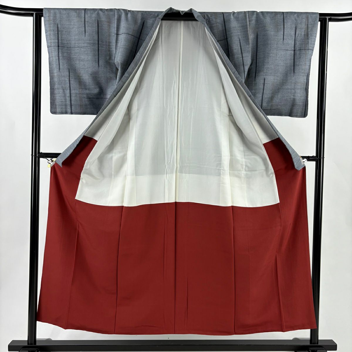 【美品】 紬織 身長154cm 袖長63cm S 雙層 鈕襟 草木染別誂郡上紬織 幾何學圖案 青灰色 純蠶絲 逸品級