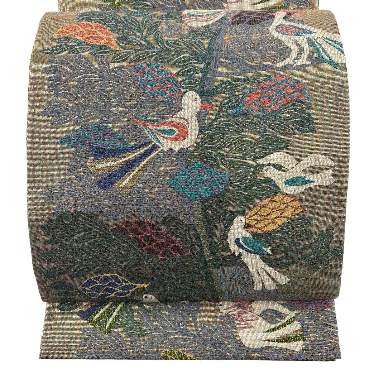 【美品】 袋帶 逸品級 附有落款 鳥 樹木 金絲 金金箔 金色 六通 純蠶絲
