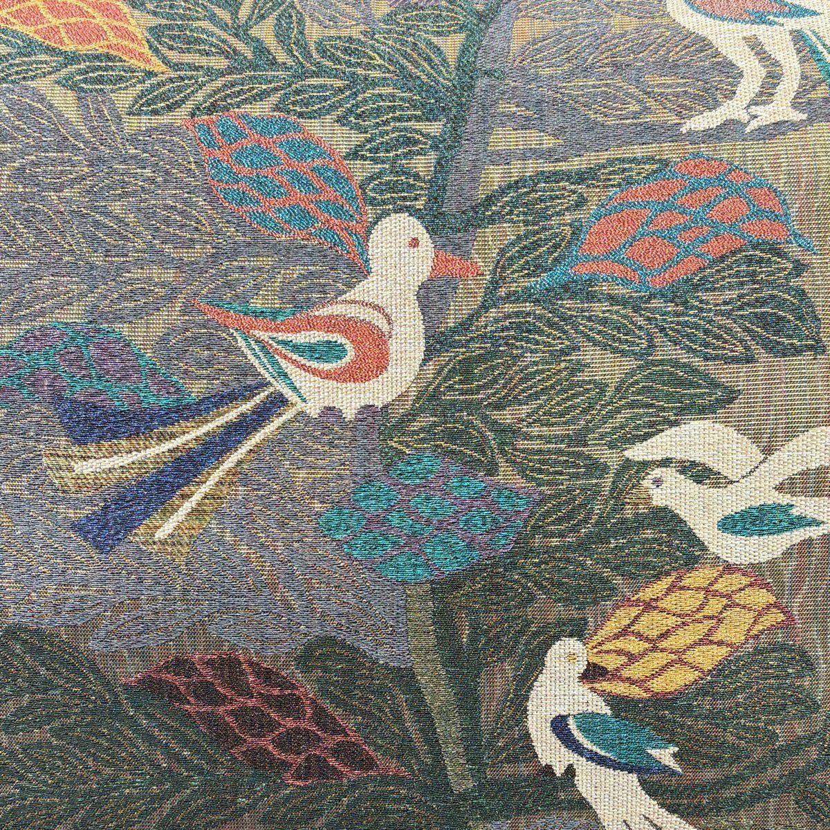 【美品】 袋帶 逸品級 附有落款 鳥 樹木 金絲 金金箔 金色 六通 純蠶絲