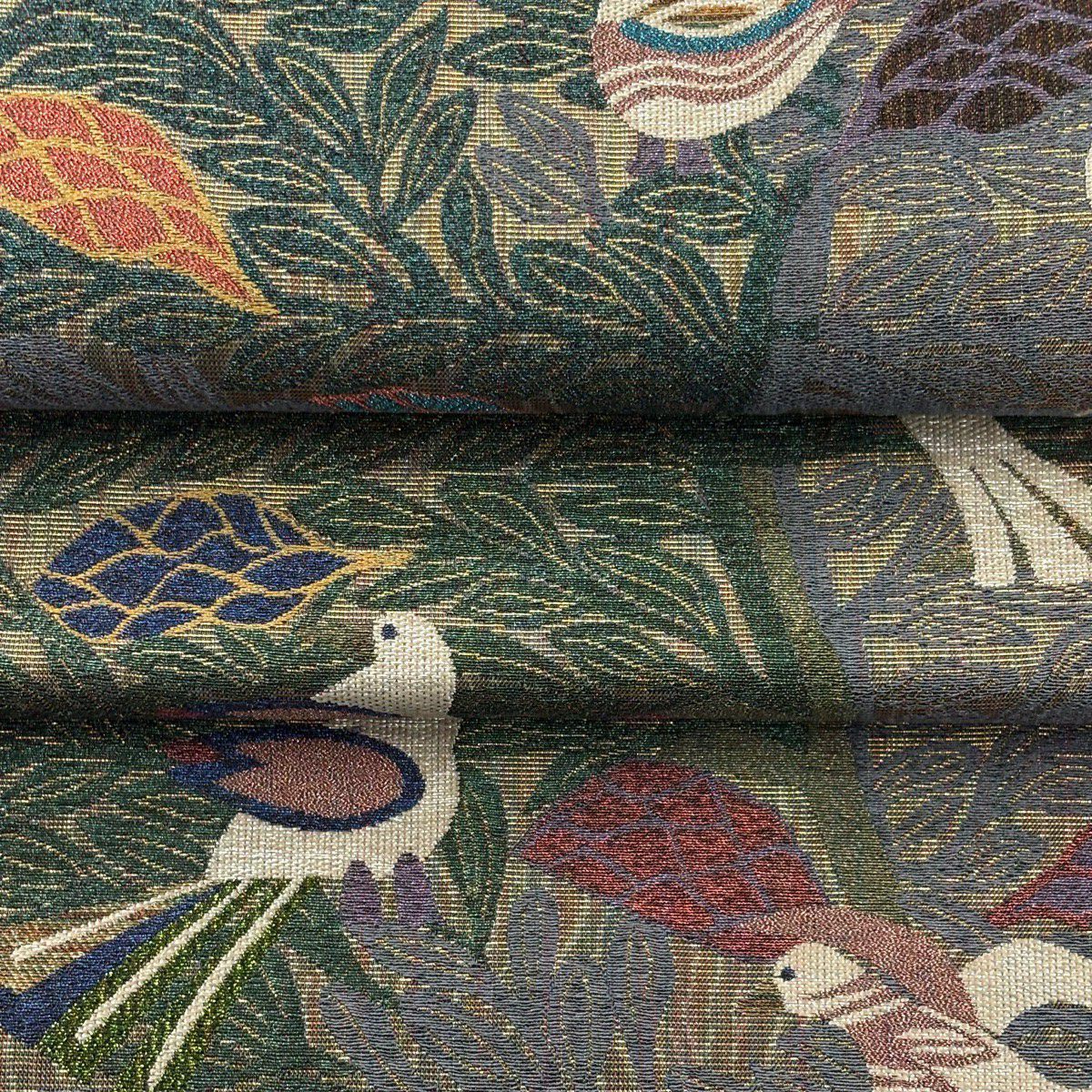 【美品】 袋帶 逸品級 附有落款 鳥 樹木 金絲 金金箔 金色 六通 純蠶絲