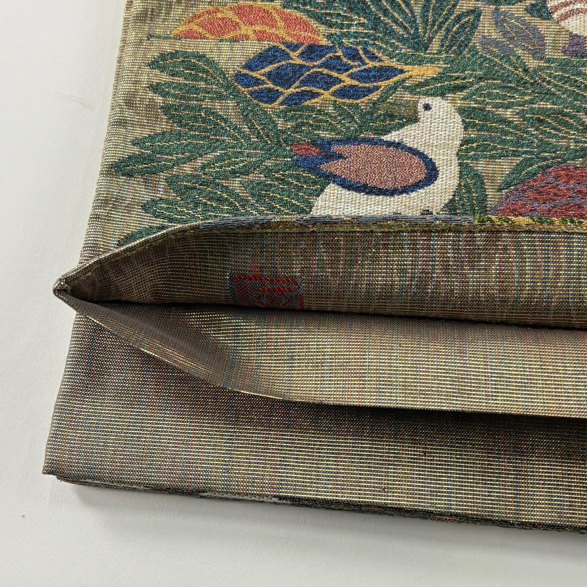【美品】 袋帶 逸品級 附有落款 鳥 樹木 金絲 金金箔 金色 六通 純蠶絲