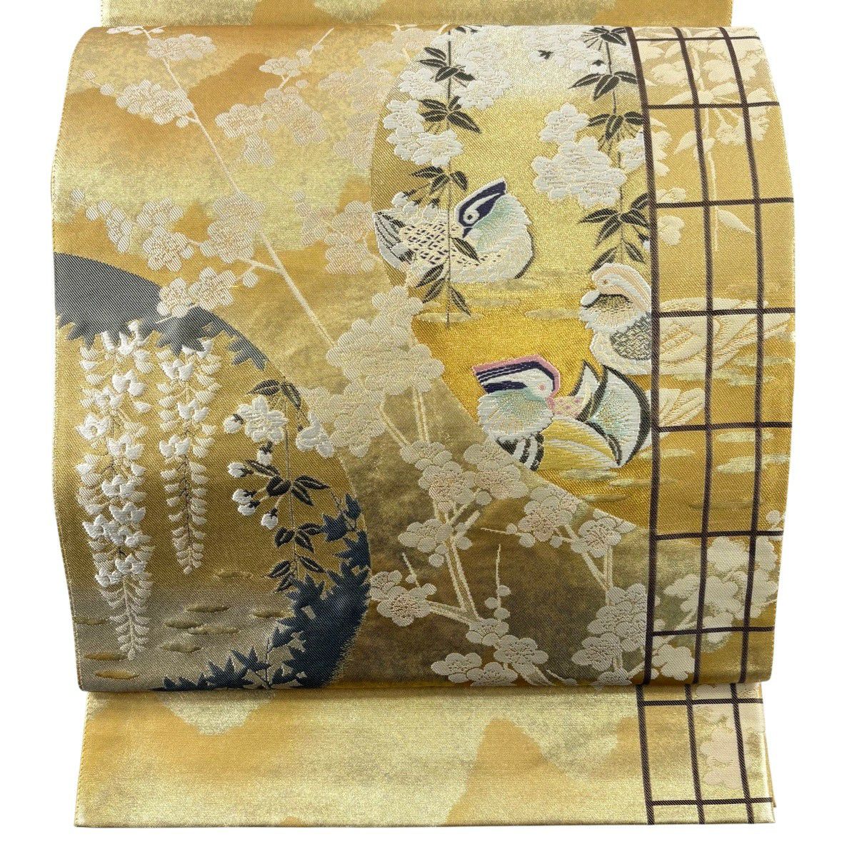 【美品】 袋帶 逸品級 羽田登喜男監修 落款あり 鴛鴦 花咲瑞鳥紋 金銀彩 金金箔 金色 お太鼓柄 純蠶絲