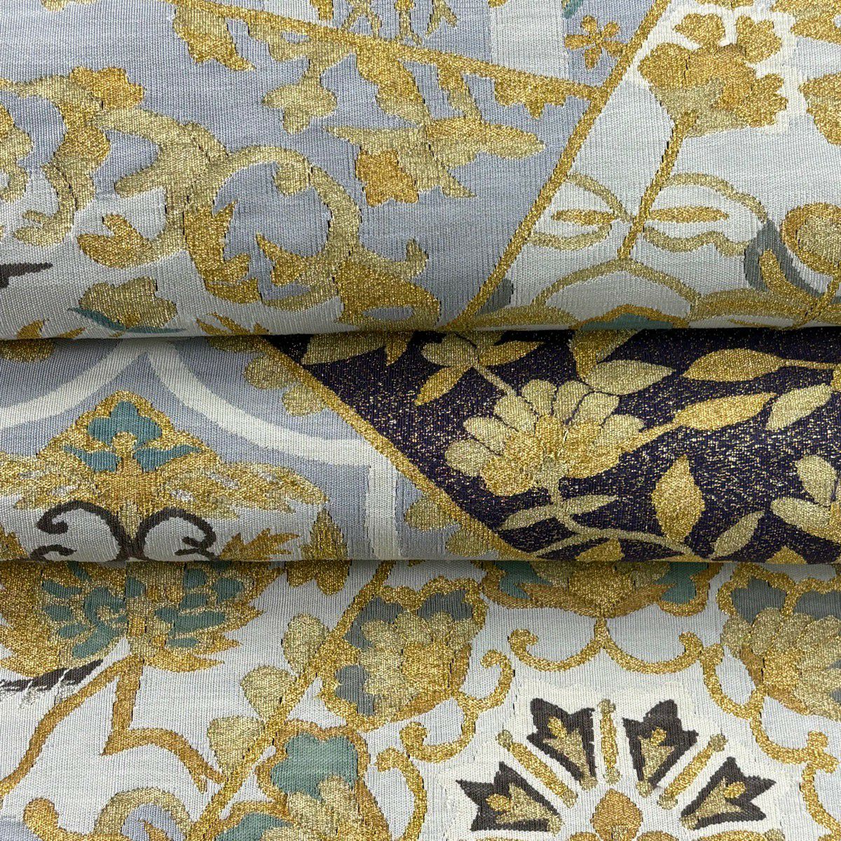 袋帶 逸品級 華紋 鳳凰 金銀彩 綴織 青灰 純蠶絲