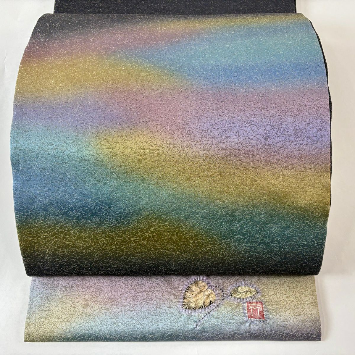 【美品】 袋帶 逸品級 久保田一竹子工房 落款あり 共箱付き 霞 草花紋 金通し ぼかし 灰紫 お太鼓柄 純蠶絲