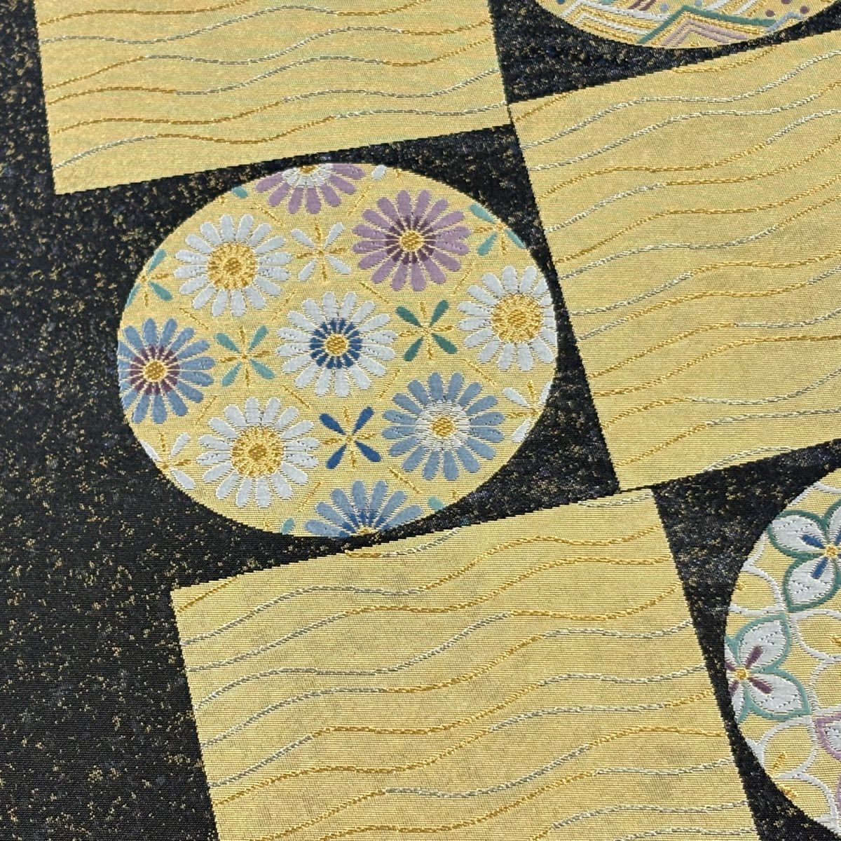 【美品】 袋帶 逸品級 長嶋成織物 落款あり 瀞金錦 草花紋紋 よろけ縞 刺繡 本金金箔 黑灰 お太鼓柄 純蠶絲