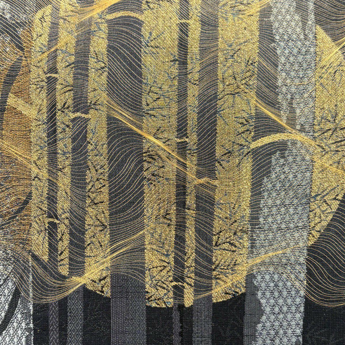 【美品】 袋帶 逸品級 紬織織 竹子子 滿月 金絲 金金箔 黑色 大鼓圖案 純蠶絲