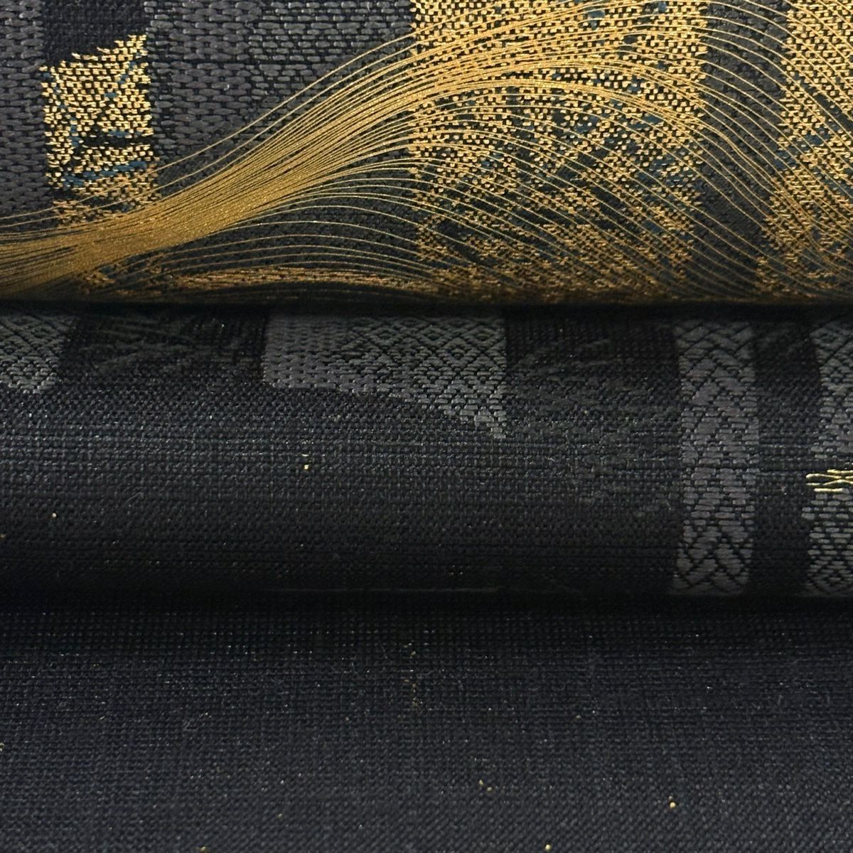 【美品】 袋帶 逸品級 紬織織 竹子子 滿月 金絲 金金箔 黑色 大鼓圖案 純蠶絲
