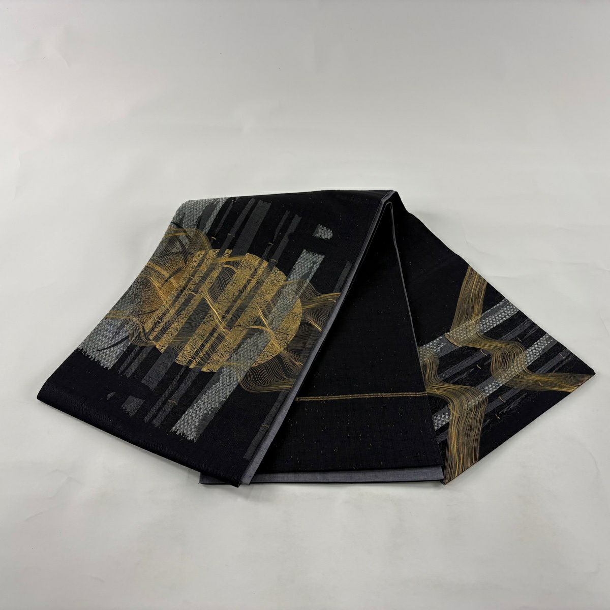 【美品】 袋帶 逸品級 紬織織 竹子子 滿月 金絲 金金箔 黑色 大鼓圖案 純蠶絲