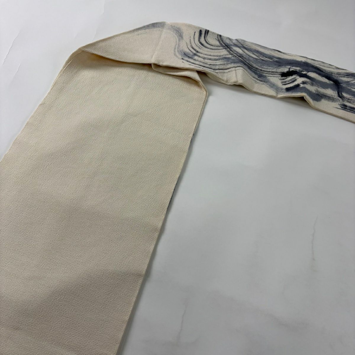 名古屋帶 逸品級 刷毛紋 縮緬 淡奶油色 純蠶絲