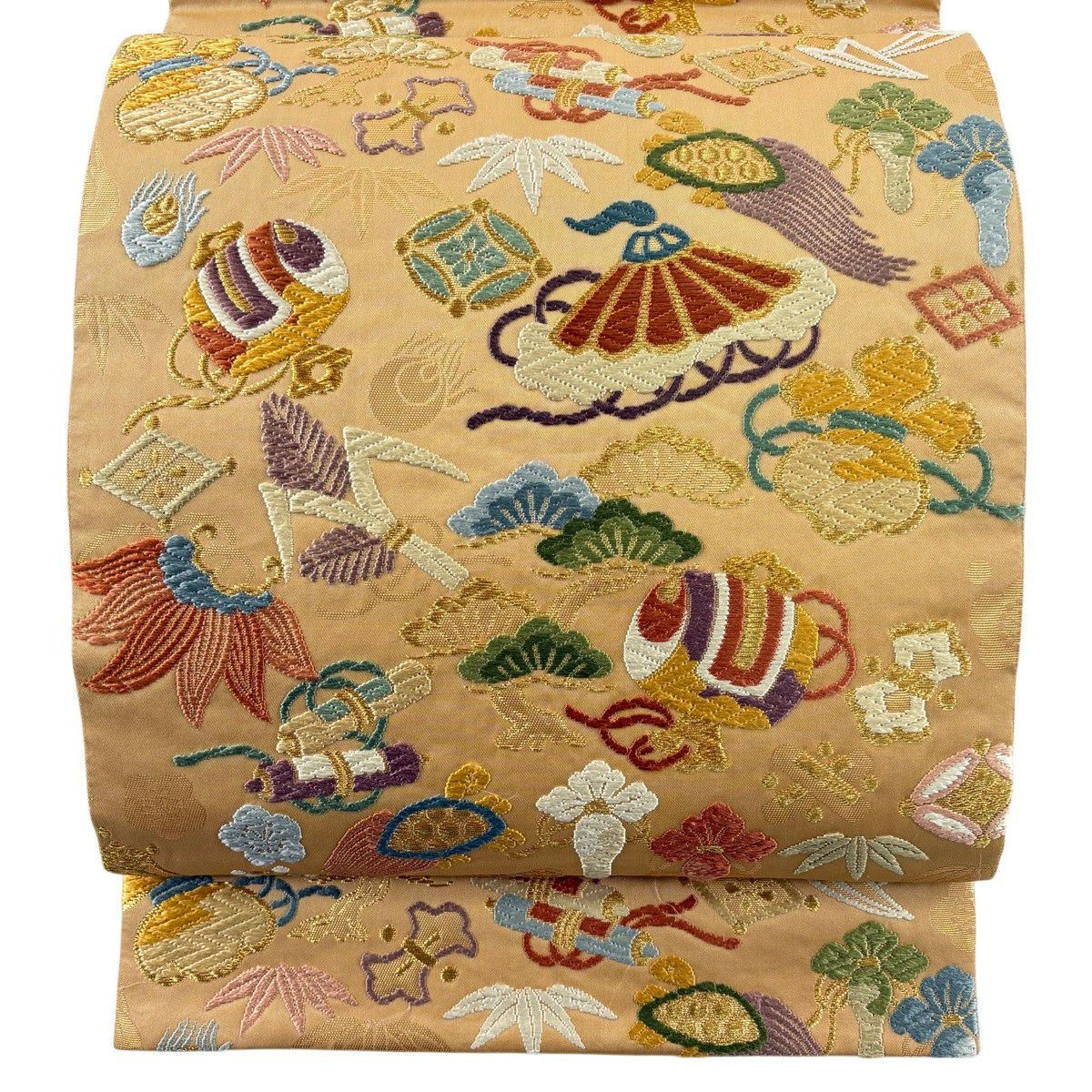 【美品】 袋帶 逸品級 寶盡くし 松樹竹子梅花 唐織 金絲 淡黃土色 六通 純蠶絲