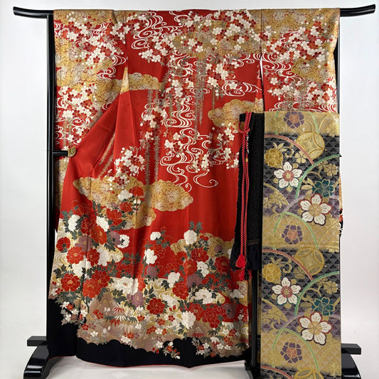 【美品】振袖禮服 身長166.5cm 袖長66.5cm M 雙層 袋帶全套 牡丹 雲紋 金絲 金銀彩 朱 純蠶絲 優品級