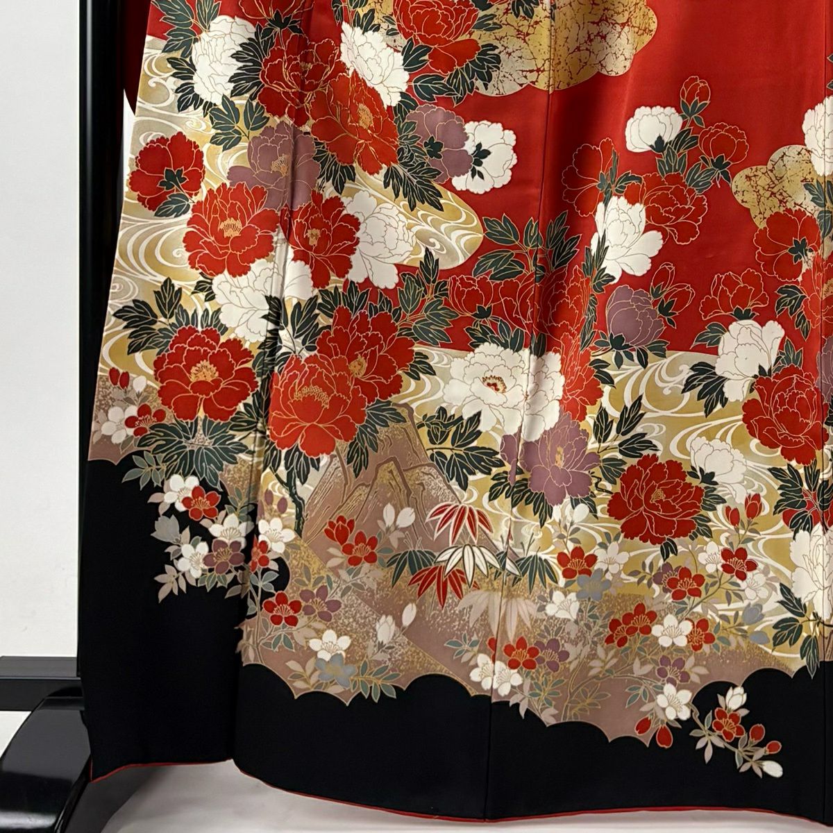 【美品】振袖禮服 身長166.5cm 袖長66.5cm M 雙層 袋帶全套 牡丹 雲紋 金絲 金銀彩 朱 純蠶絲 優品級