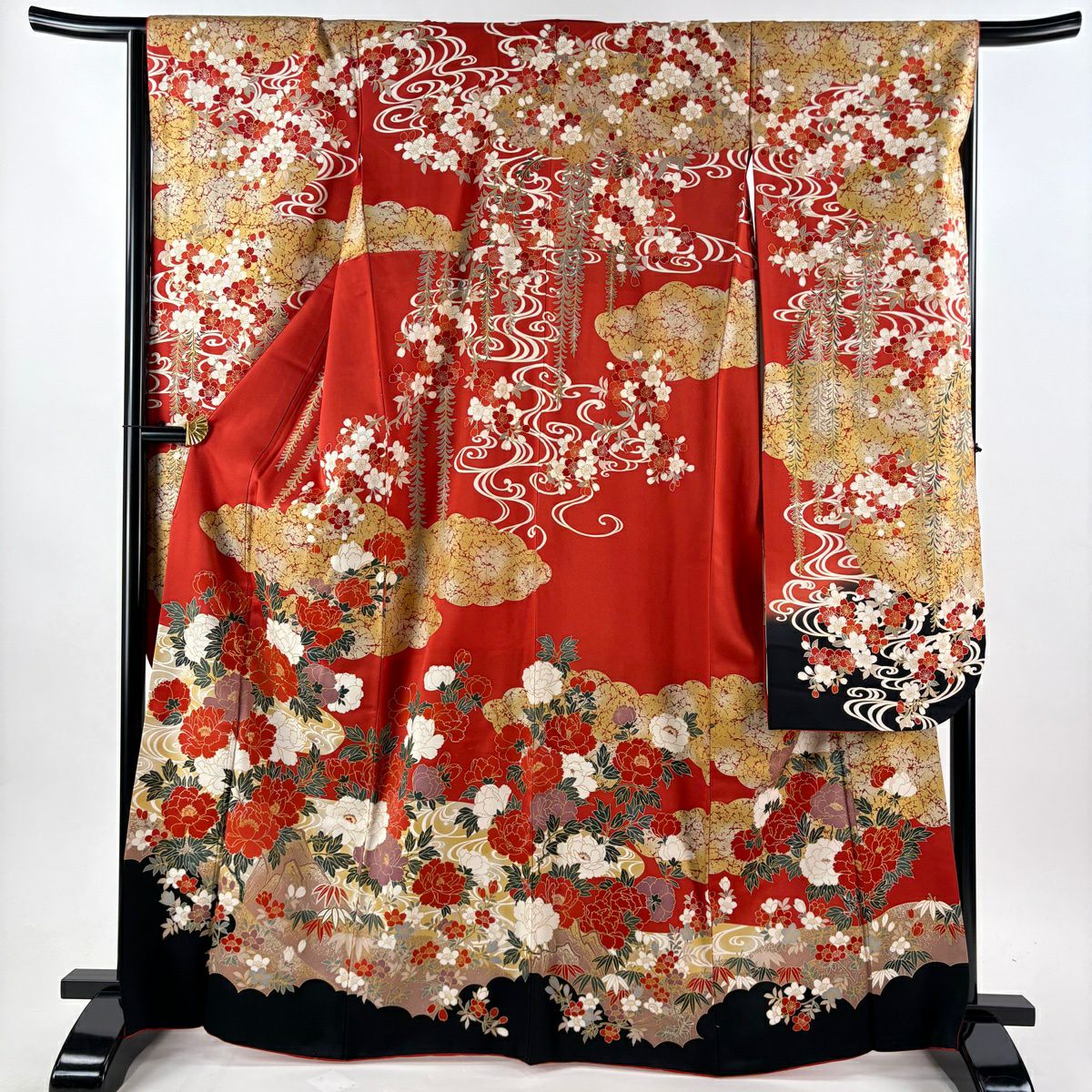 【美品】振袖禮服 身長166.5cm 袖長66.5cm M 雙層 袋帶全套 牡丹 雲紋 金絲 金銀彩 朱 純蠶絲 優品級