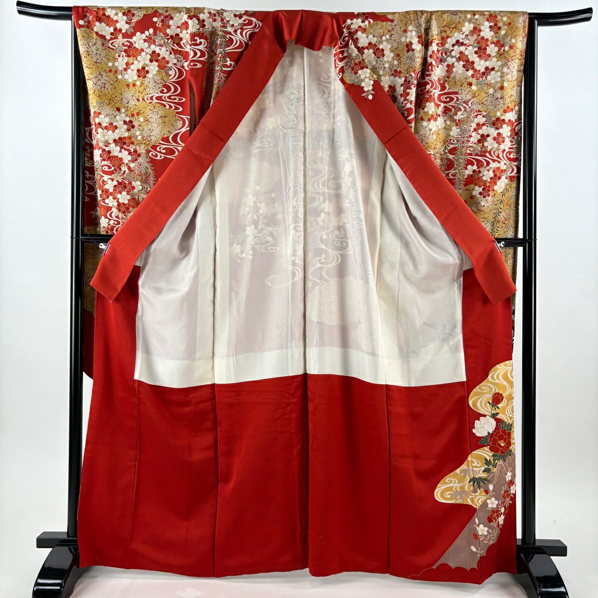 【美品】振袖禮服 身長166.5cm 袖長66.5cm M 雙層 袋帶全套 牡丹 雲紋 金絲 金銀彩 朱 純蠶絲 優品級