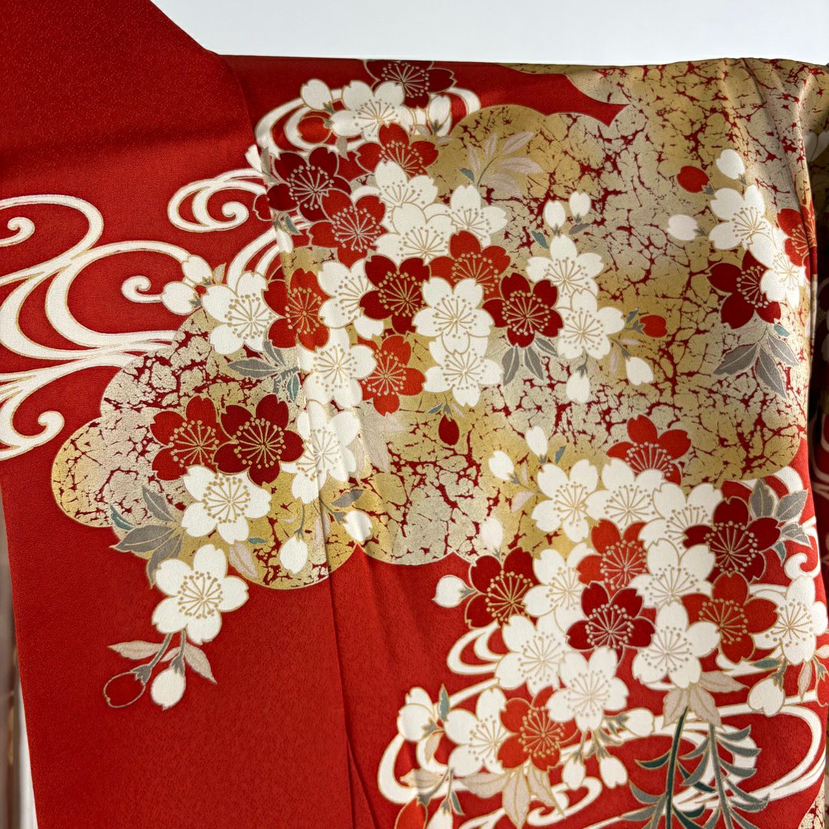 【美品】振袖禮服 身長166.5cm 袖長66.5cm M 雙層 袋帶全套 牡丹 雲紋 金絲 金銀彩 朱 純蠶絲 優品級