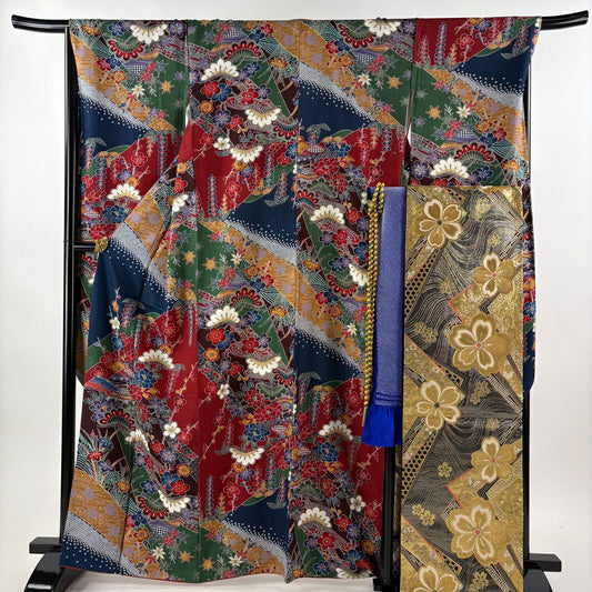 【美品】振袖禮服 身長164.5cm 袖長67cm M 雙層 袋帶全套 松樹 家屋 金銀彩 染分 えんじ 純蠶絲 秀品級