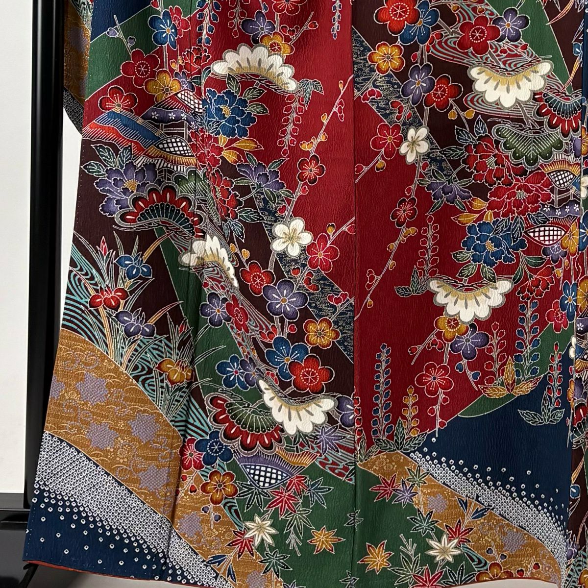 【美品】振袖禮服 身長164.5cm 袖長67cm M 雙層 袋帶全套 松樹 家屋 金銀彩 染分 えんじ 純蠶絲 秀品級