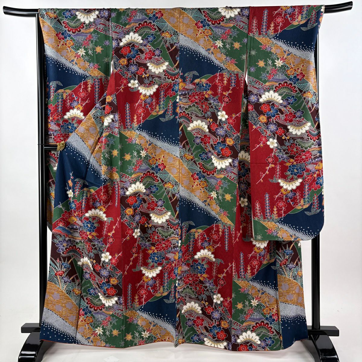 【美品】振袖禮服 身長164.5cm 袖長67cm M 雙層 袋帶全套 松樹 家屋 金銀彩 染分 えんじ 純蠶絲 秀品級