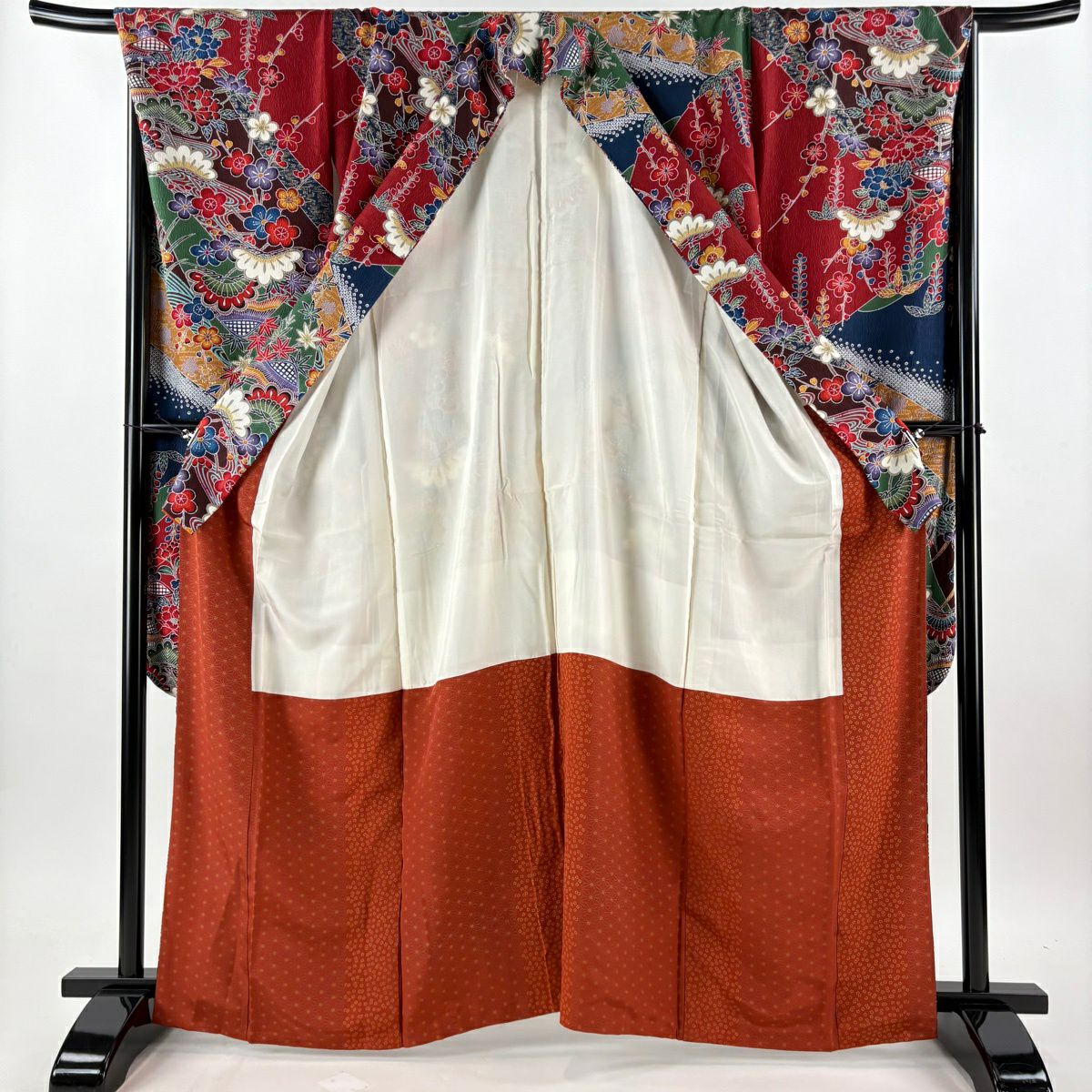 【美品】振袖禮服 身長164.5cm 袖長67cm M 雙層 袋帶全套 松樹 家屋 金銀彩 染分 えんじ 純蠶絲 秀品級